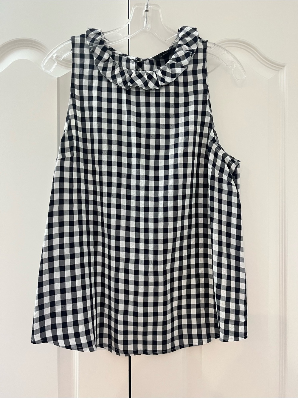 J. Crew Sleeveless Black and White Gingham Ruffle-Neck Top